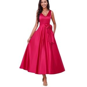 Miss Veil Red Satin Tea Length Dress Sleeveless A Line Bow Accent Waist Plus